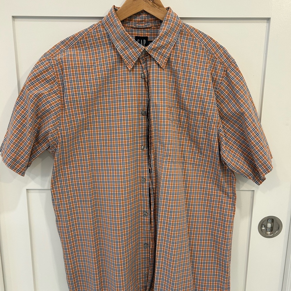 GAP Men's Vibrant Orange and Blue Checkered Shirt